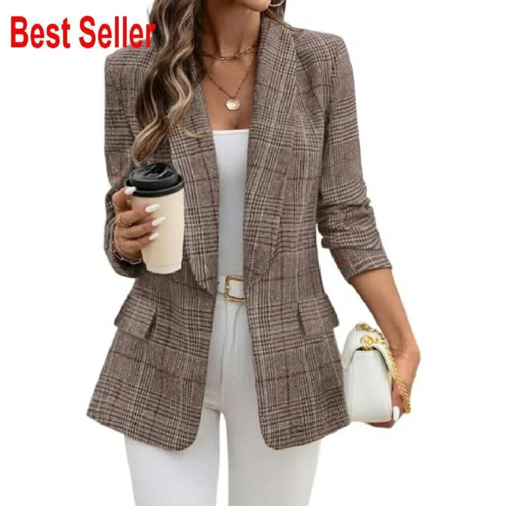 Shawl Collar Plaid Boyfriend Blazer Business Casual Open Front Office Jacket